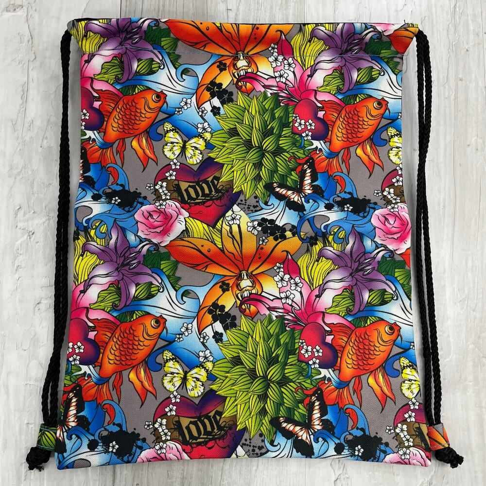 Colorful Artistic Fish & Floral Drawstring Backpack Boho Festival Cinch Bag